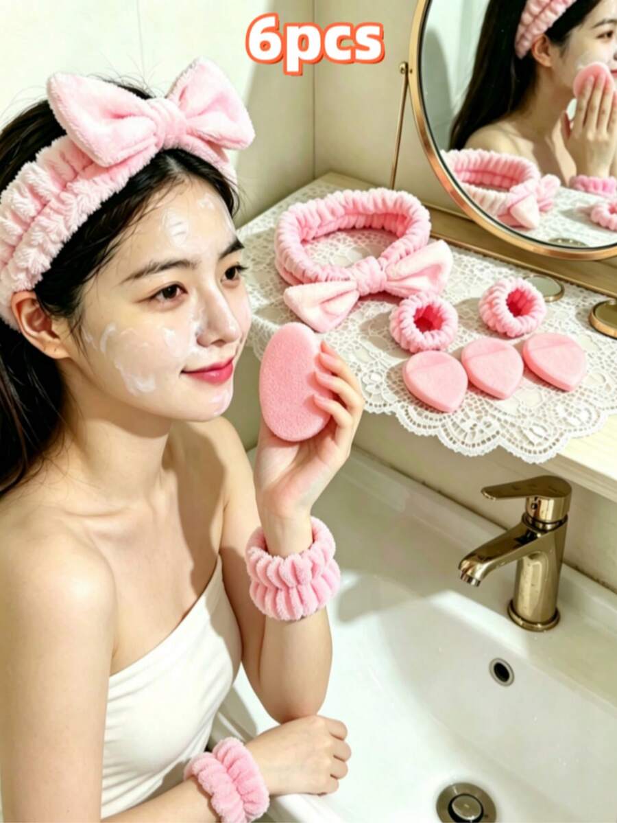 6pcs/Set Soft Plush Spa Headband & Wristband & Cleansing Sponge Kit, Bowknot Elastic Hair Wrap + Water Absorbent Wrist Bands + Exfoliating Puff For Face Washing, Skincare, Makeup Removal - Set - View 1