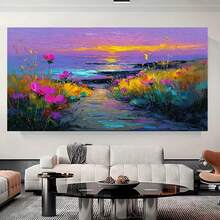 2D Plano, 2D Plano, 2D Plano Una Pieza de Arte de Pared 2D Plano Moderno con una Pintura al Óleo de Flores en la Playa al Atardecer, Perfecto para Decoración de Interiores. Ideal para Aulas, Cocinas, Oficinas en Casa, Baños, Salas de Estar, Dormitorios, Comedores - Enmarcado - Ver 3