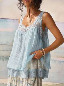 Blusa de uso diario versátil y casual con parches de encaje para mujer - Celeste - Ver 6
