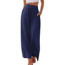 Pantalones de lino holgados de talla grande para mujer, con bolsillos y cordón ajustable, de pierna ancha. - Rojo - Ver 7