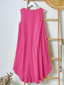 EMERY Vestido de verano casual de talla para mujer, de color verde militar sólido, sin mangas, con volantes en el bajo y parches de encaje en la espalda - Rosa Fucsia - Ver 10