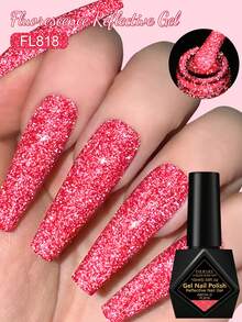 FOUR LILY 1pc Red Fluorescent Reflective Glitter Gel Nail Polish , 10ml Neon Color Sparkle Glitter Dark Flashy Laser Gel Polish For Summer Nails, Semi Permanent Soak Off UV Gel Varnish Manicure Nail Supplies Nail Art DIY For Home And Salon - 紅色 - 查看 1