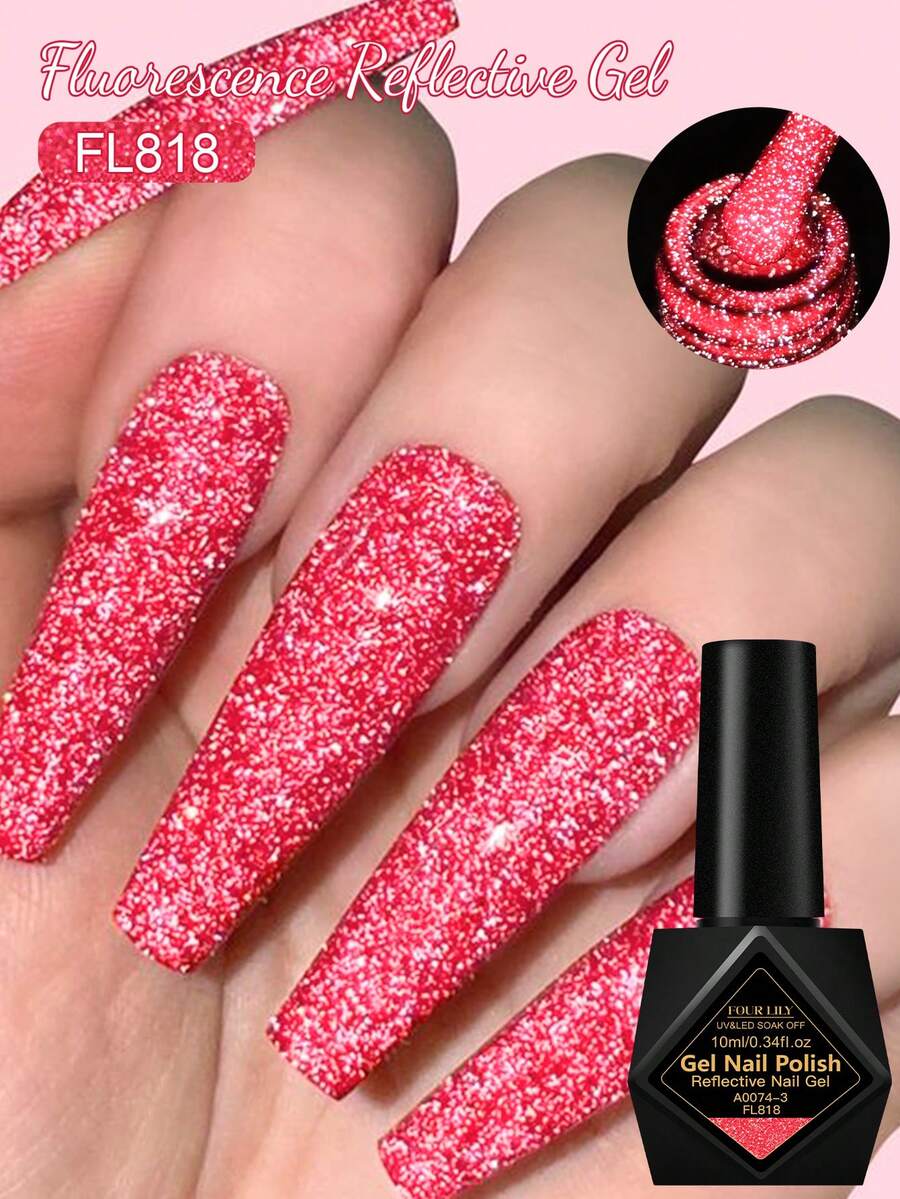 FOUR LILY 1pc Red Fluorescent Reflective Glitter Gel Nail Polish , 10ml Neon Color Sparkle Glitter Dark Flashy Laser Gel Polish For Summer Nails, Semi Permanent Soak Off UV Gel Varnish Manicure Nail Supplies Nail Art DIY For Home And Salon - 紅色 - 查看 1