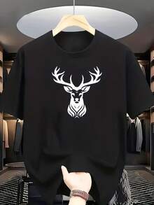 Men's Short-Sleeved, Crew-Neck T-Shirt With A White Deer Head Graphic On The Front. The Minimalist Design Conveys A Wild And Natural Feel While Remaining Elegant And Refined. Made From 100% Pure Cotton, This Casual Yet Sophisticated Style Is Ideal For Everyday Wear In Spring, Summer, And Autumn. The Regular Fit Is Suitable For Most Mexican Adults, And The Fabric Is Cool And Breathable. It's Also Machine Washable And Makes A Unique Gift For Nature Lovers And Those Who Appreciate Stylish Design. - 黑色 - 查看 1