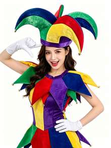 Conjunto de fantasia de palhaço de circo, chapéu de carnaval, capa de rei palhaço, adereços para cosplay, chapéu de sino colorido e divertido, xale de rei, cetro, conjunto de chapéu quadrado patchwork e cachecol do Mardi Gras de Nova Orleans. - Multicolorido - Ver 1