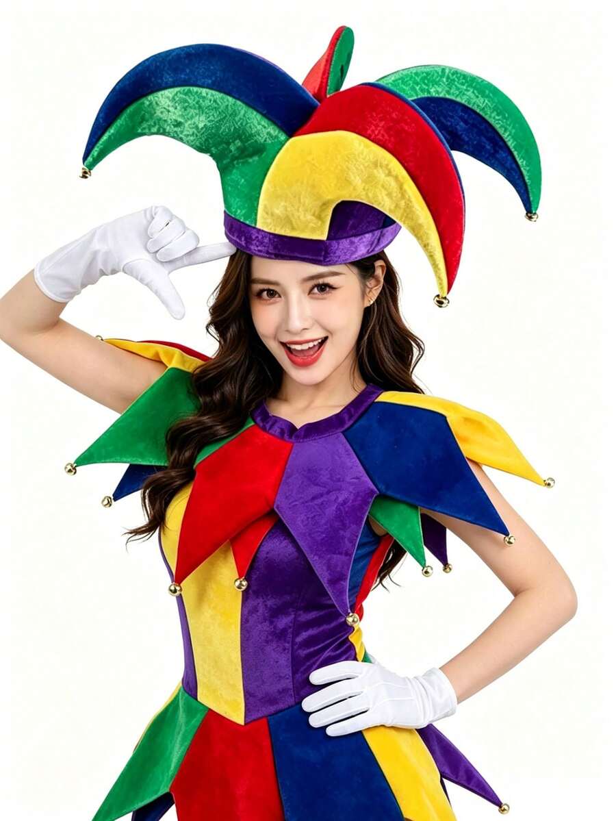 Conjunto de fantasia de palhaço de circo, chapéu de carnaval, capa de rei palhaço, adereços para cosplay, chapéu de sino colorido e divertido, xale de rei, cetro, conjunto de chapéu quadrado patchwork e cachecol do Mardi Gras de Nova Orleans. - Multicolorido - Ver 1
