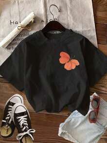 [Double-Sided Print] Women's Summer Casual Tops, Watercolor Style, Flower And Butterfly Print, Round Neck, Pure Cotton Short Sleeve T-Shirt [LingK] Spring Outfit, Cotton T-Shirt. - 黑色 - 查看 3
