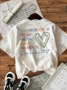 [Double-Sided, Front And Back Print] Short-Sleeved T-Shirt With "Heart For The Person Behind Me" Lettering In Cozy Style. - White - View 3