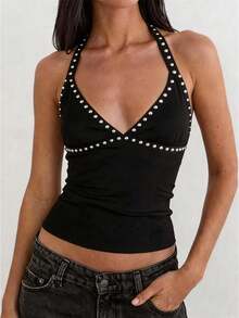 Womens Rivets Studded Halter Neck Plunge Cami Top Self-Tie Spaghetti Straps V-Neck Cut Out Front Crop Tank Top Camisole Vest Y2K Streetwear Party Tops - F216717-黑色 - 查看 1