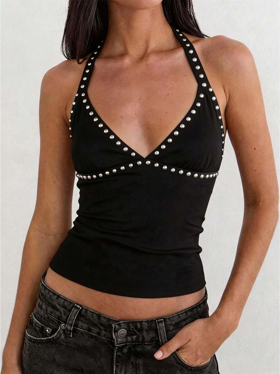 Womens Rivets Studded Halter Neck Plunge Cami Top Self-Tie Spaghetti Straps V-Neck Cut Out Front Crop Tank Top Camisole Vest Y2K Streetwear Party Tops - F216717-黑色 - 查看 1