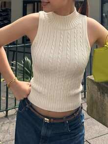 Débardeur élégant et décontracté en tricot beige à col montant pour femmes, convient pour la fête de la Mère et l'été, pull d'été en tricot - Nude - Voir 2