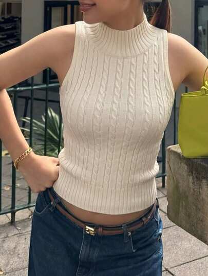 Beige Elegant Casual Knit Sleeveless Mock Neck Tank Top For Women, Suitable For Mother's Day Party & Summer, Summer Knit Sweater