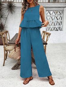 Conjunto casual de 2 piezas con blusa plisada de unicolor y pantalones de pierna ancha para mujer - Niebla azul - Ver 5