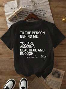 2026 New ArrivalStunning Slogan "You Are Amazing, Beautiful And Enough To Remember This" Letter Print Women Round Neck T-Shirtgoing Out Outfits Y2k Su - 黑色 - 查看 4