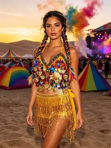 Áo hai dây crop top vỏ sò đính sequin nhiều màu kèm chân váy hông tua rua sequin, phù hợp cho lễ hội Carnival, lễ hội âm nhạc sa mạc và lễ hội EDM (có nhiều màu sắc) - Nhiều màu - Xem 2