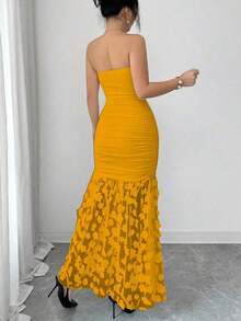 xheRafferiza Elegante y lujoso vestido de noche para mujer de unicolor, con cintura fruncida, ajuste ceñido y contraste de malla floralxhe - Amarillo - Ver 2