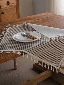 Tokoto Coffee Gingham Tablecloth With Tassel Fringe, Farmhouse Cotton Linen Table Cover For Dining Table, Nightstand & Coffee Table Decor, Rustic Boho Plaid Style - Brown - View 4