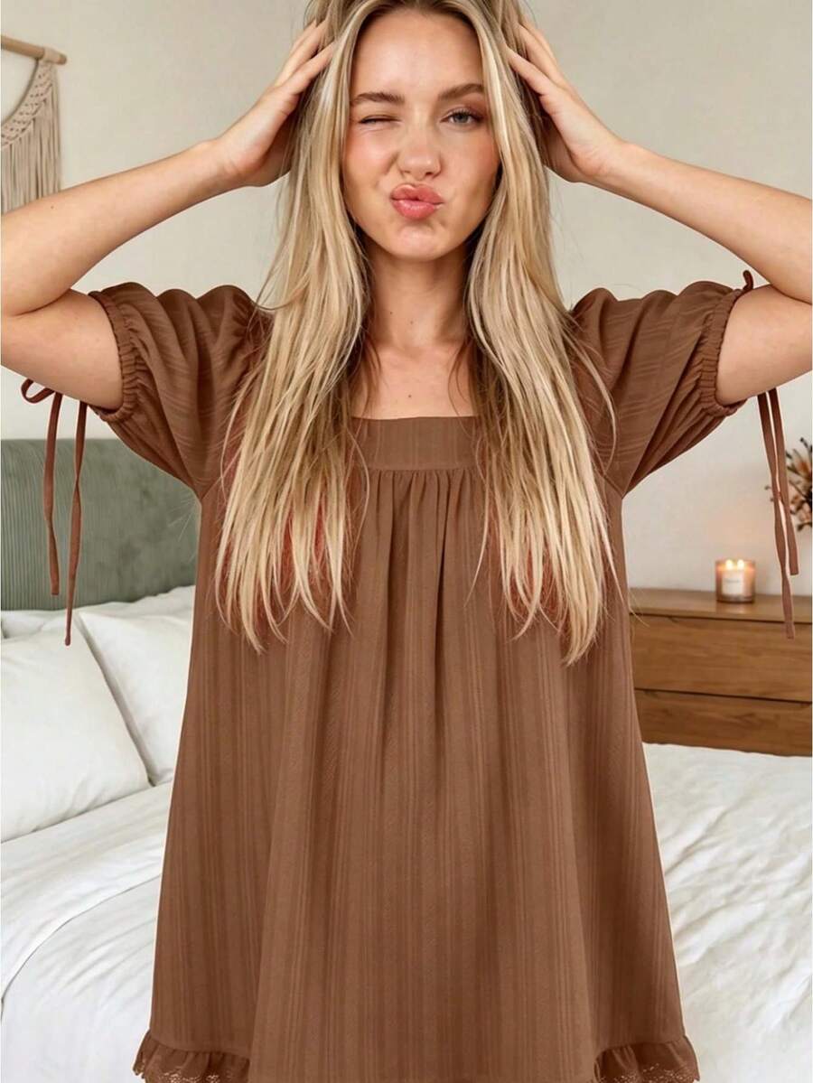 Coffee Women's A-Line Square Neck Puff Sleeve Babydoll Dress Lace Trim Ruffle Hem Dress Summer Casual Flowy Dress For Beach Vacation - 咖啡 - 查看 1