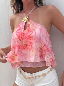 Débardeur à fines bretelles sexy pour femmes, col avec boucle métallique, panneau avant ajouré, ourlet superposé. Gilet de soirée, printemps/été - Rose bonbon - Voir 5