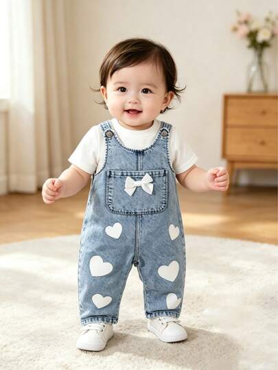 Bộ quần yếm denim cho bé gái, in hình trái tim và trang trí nơ, kiểu dáng thường ngày, thích hợp cho các hoạt động ngoài trời.