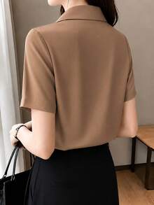 Solid Color Short Sleeve Satin Blouse, Chic Hong Kong Style - Brown - View 4