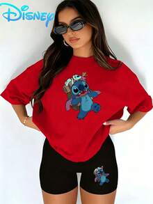Lilo & Stitch "Stitch With Scrump" T-Shirt & Biker Shorts Setwomen's Casual T-Shirt And Yoga Pants Set, Perfect For Summer Travel And Relaxing At Home. Disney Licensed Stylish, Soft, And Comfortable Sportswear Set. - Red - View 1