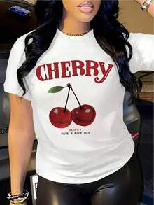 Women's White T-Shirt, Casual Short-Sleeved T-Shirt, Round Neck, Cherry Print, Casual Spring And Summer Wear,  Blouse, Casual Fit T-Shirt Style - 白色 - 查看 12