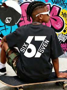 Summer Short-Sleeved T-Shirt For Boys, "67" With A Fun Digital Design. Suitable For Casual Wear, School, And Everyday Wear. - Grey - View 5