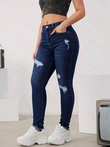 Skinny Stretch Jeans With Rips, Casual Youth Style - Deep Blue - View 4