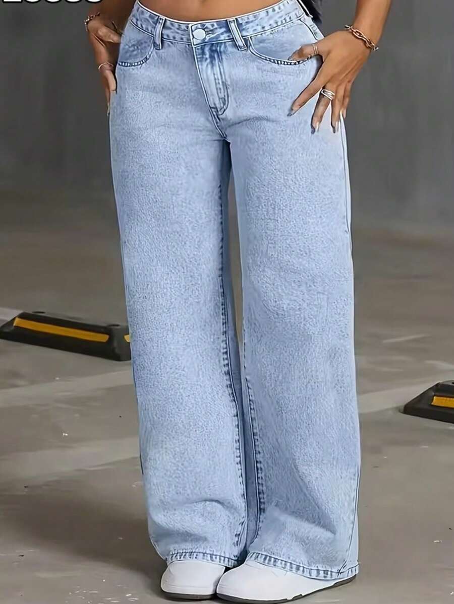 Women's Wide Leg Marble-Waisted Jeans, Wide Leg, No Lycra, Premium Bell Bottom, Elegant Summer Style - 淺色水洗藍 - 查看 1