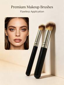 2 pièces Set de pinceaux de maquillage professionnels, pinceau à fond de teint en poils de nylon doux, pinceau à poudre, pinceau à contour, pinceau à blush, pinceau à highlighter, outils de maquillage essentiels pour femmes, portable - Noir - Voir 1