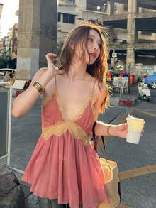 GMFP 女款休閒優雅時尚歐美風極簡蕾絲細肩帶上衣，適合夏季/秋季，六月假期季節 - 西瓜粉 - 查看 1