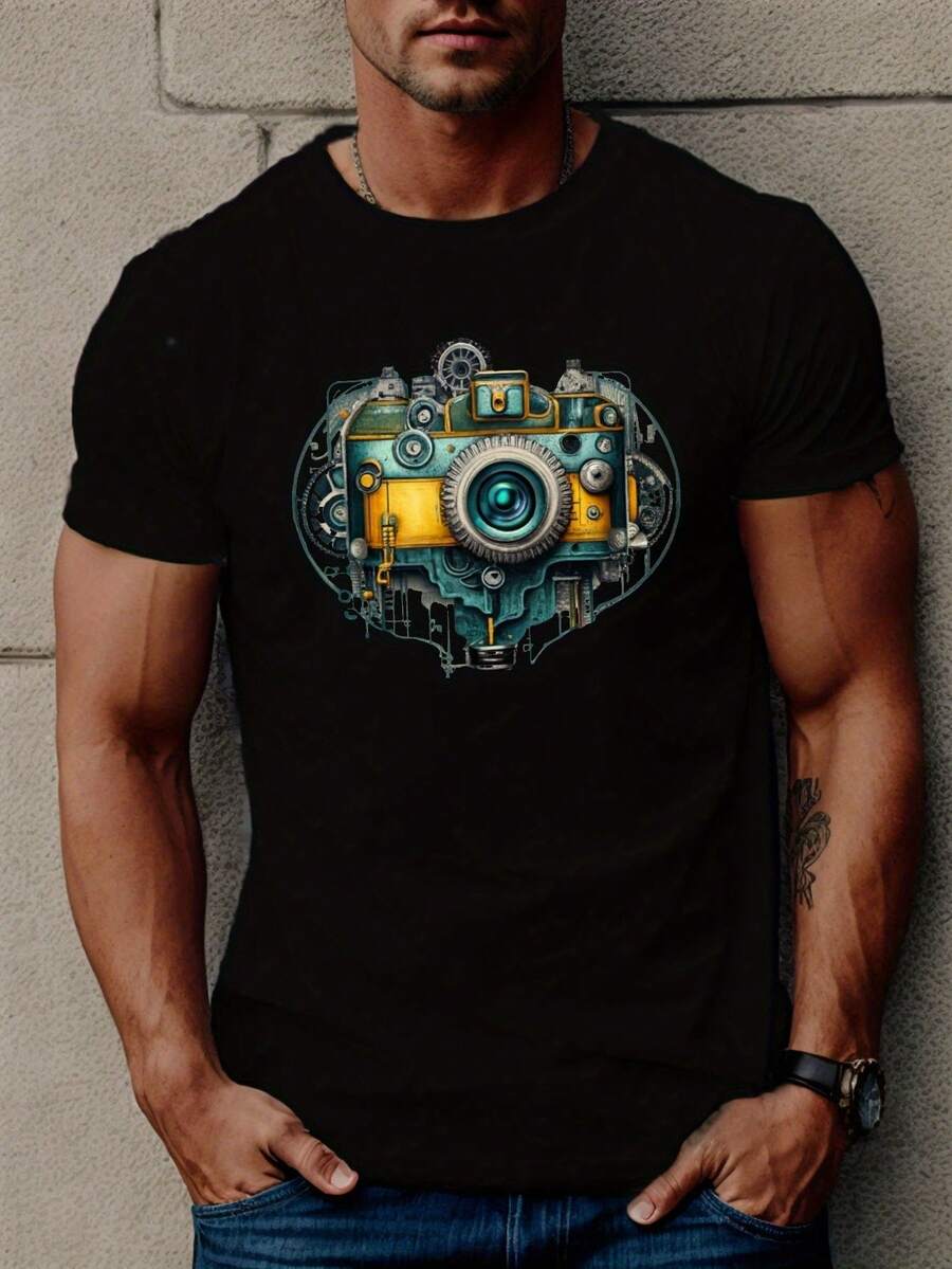 Men's Short-Sleeved T-Shirt With A Camera Lens-Compatible Design, Casual Crew Neck Ideal For Summer, 100% Pure Cotton, Unique Style For Photographers And Photography Enthusiasts, Perfect For Everyday Wear And Photo Shoots In Spring, Summer, And Autumn, Regular Fit Suitable For Most Mexican Adults, Cool And Breathable Fabric, Machine Washable, Original Gift For Photographers And Content Creators - 黑色 - 查看 1