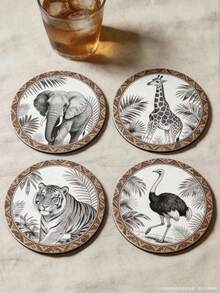 4/1 pieza Posavasos de madera vintage con motivos de fauna de la selva, con patrones de elefante, jirafa, tigre y avestruz, adecuados para decoración del hogar, suministros para fiestas y vacaciones. - Multicolor - Ver 2