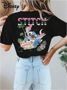 Disney Officially Licensed 100% Cotton T-Shirt, Unisex Short-Sleeve T-Shirt, Genuine Licensed Stitch Print, Soft And Skin-Friendly Stretchy Casual Short-Sleeve Top, Stylish Short-Sleeve Round-Neck T-Shirt For Women - 黑色 - 查看 3