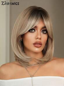 7JHH WIGS 女款短波波頭亞麻棕色假髮 14英吋分層直髮附瀏海 耐熱纖維合成全機製假髮 適合日常配戴、音樂節與派對使用（蜂蜜棕挑染） - 彩色 - 查看 4