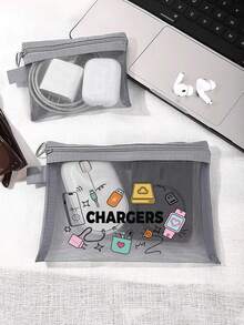 印有「Charger」字樣的網格化妝包，便攜式收納袋，多功能收納袋，化妝包，護膚品袋，旅行必需品，宿舍用品，珠寶收納，口紅和化妝品收納袋。適合商務人士和旅行者，實用便攜式收納袋，完美用於存放旅行、辦公室和居家數位配件，推薦作為節日和生日禮物 - 彩色 - 查看 6