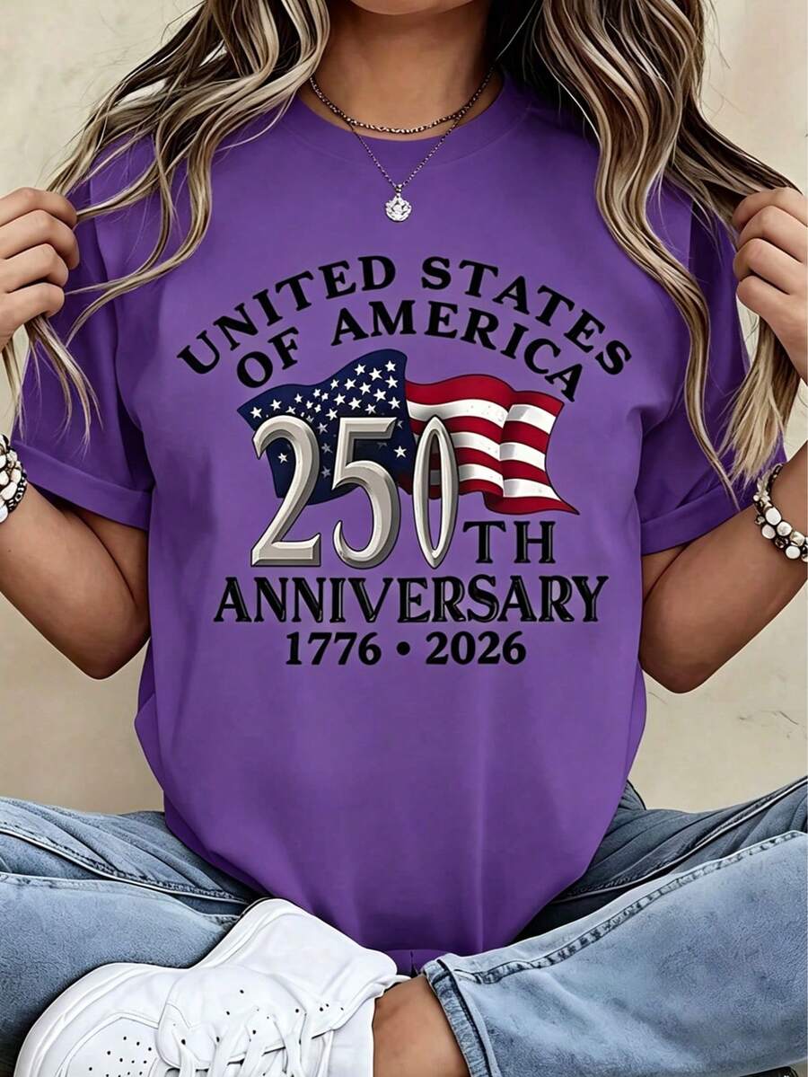 American Independence 250th Anniversary Patriotic Theme Women's T-Shirt - 1776-2026 Independence Day Design, Featuring The American Flag And The Words - 紫色 - 查看 1