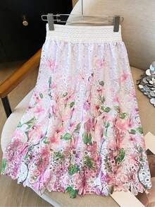 High-Waisted Elastic Skirt With Embroidered Lace And Water-Soluble Print - 藍色 - 查看 11