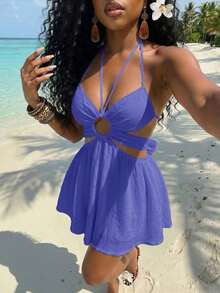 Vestido corto de mujer de crepé blanco con escote halter, encaje, parches y falda paraguas calada, versátil, casual y elegante, adecuado para vacaciones, viajes, playas, zonas costeras, piscinas, yates, tomar el sol, lindo y dulce - azul real - Ver 6