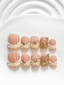 10pcs Luxury Handmade Nail Art Stickers, Including Gold Butterfly, Gold Star, Starburst Pattern And Champagne Round Diamond Decor, Can Be Shaped Into 5-Petal Flower And Water Drop Pattern, Comes With Yellow Nail Polish And Nail Art Tools (1pc Jelly Sticker + 1pc Nail File), Suitable For Square, Short Rectangular And Almond Shaped Nails, Perfect For Parties, Daily Wear, Gatherings, Photoshoots, Spring/Summer Commuting - Multicolor - View 2