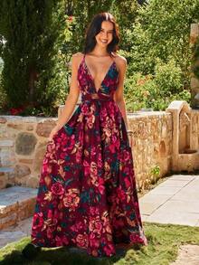 YkhahaKARISMINA Vestido de una pieza con cuello en pico, espalda abierta cruzada y estampado de leopardo para primaveraYkhaha - Rojo - Ver 6