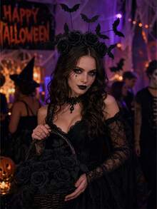Halloween Black Rose&Bat Headband, Gothic Style Witch Headband With Black Flower, Black Gothic Demon Headpiece, Suitable For Halloween Party Headpiece, Halloween Cosplay Costumes, Themed Party Headwear, Haunted House Costumes, Holiday Photo Styling - View 5
