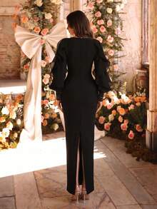 Robe moulante bandage noire sexy à manches longues avec strass, découpes et volants, robe de soirée élégante pour femme, robe de demoiselle d'honneur pour mariage, robe de soirée formelle - Noir - Voir 11