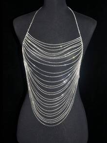1pc Multi-Layer Horizontal Fringe Shiny Body Chain Bra, Sexy Accessory, Perfect For Bikini, Ideal For Beach Vacation Summer - Silver - View 1