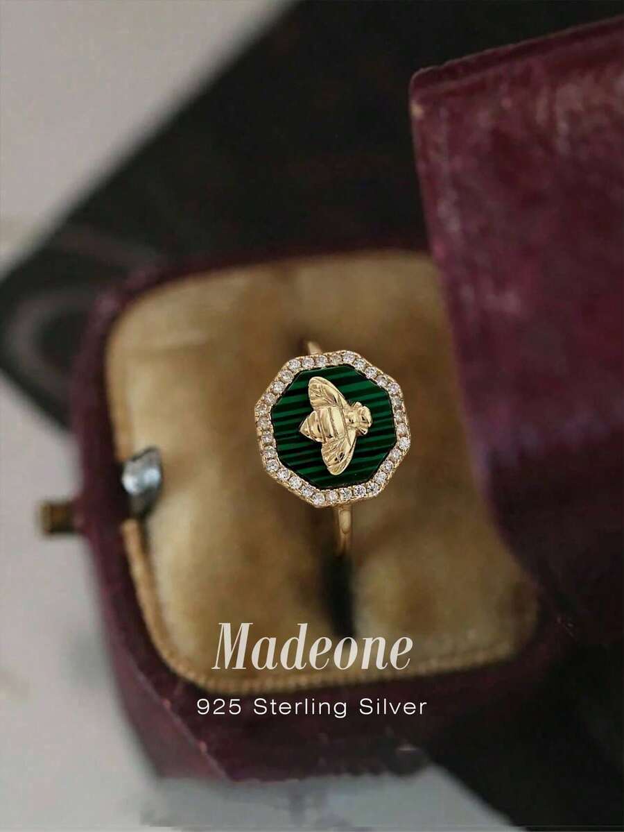 MADEONE 1pc Green Bee Cubic Zirconia Ring, 925 Sterling Silver Jewelry, Exquisite Ring, Elegant Jewelry Gift For Girls, Suitable For Prom Party Decoration