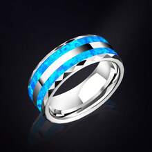 Anillo de tungsteno 2023 para boda, dos piezas, ópalo azul, 8 mm de ancho, joyería personalizada para mujeres y hombres - 7 - Ver 5