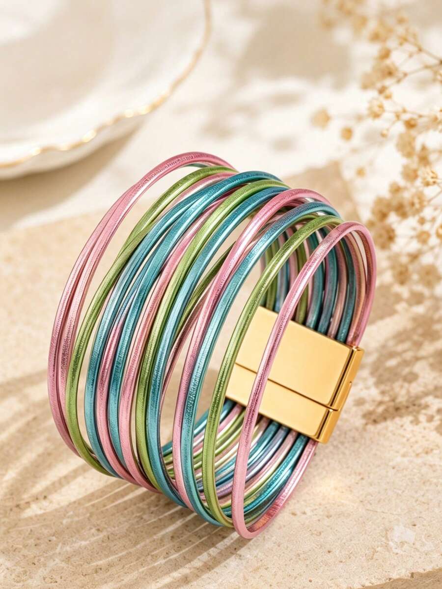 Gelang Wanita Berlapis-lapis dari Kulit PU Gaya Bohemian untuk Dipadukan dengan Pakaian - Warna campuran biru, ungu, dan hijau - View 1