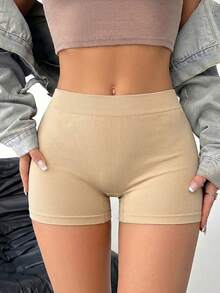 1pc Women's Nude Seamless High Waist Yoga Shorts, Tummy Control Butt Lifting High Elastic Compression Cycling Pants, Non-See Through Fabric, Wrinkle Resistant And Durable, 3D Shaping To Outline Curves, High Waist Seamless Shaping Underwear, Suitable For Gym, Running And Daily Casual Wear - Apricot - View 3