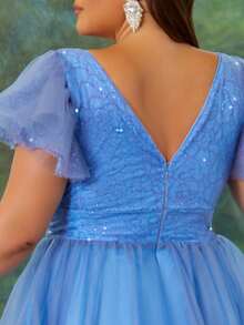 Women Plus Size Elegant Sequin Floral Print Mesh Applique V-Neck Cocktail Party Bridesmaid Dress For Wedding Guest, Homecoming, Spring/Summer/Autumn - Dusty Blue - View 8